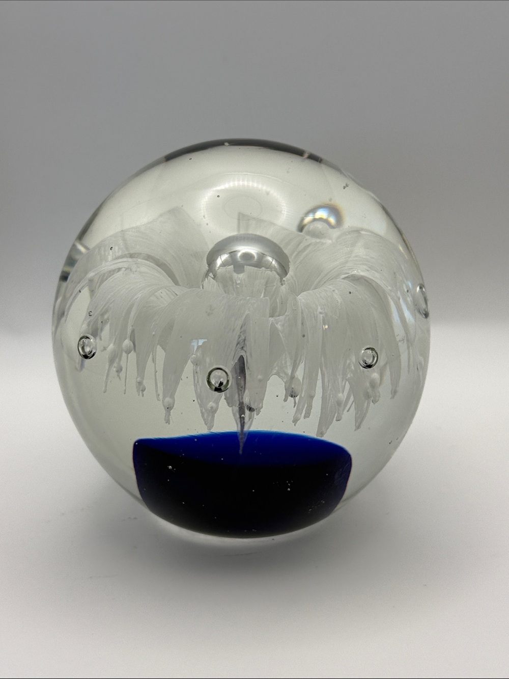 Vintage Murano Handblown White Flower with Blue Base Art Glass Paperweight